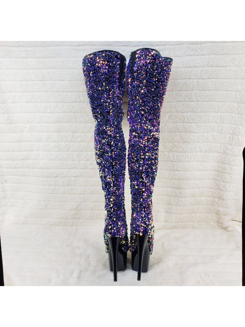 NIB Adore 3020 Purple Multi Sequin High Heel Platform Thigh High Boots - Picture 5 of 14